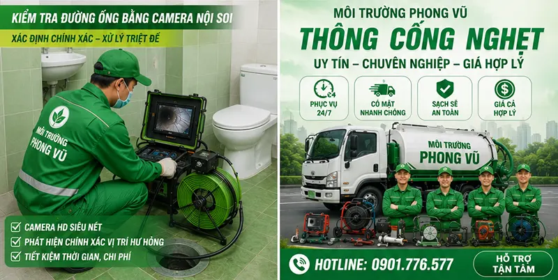 Thông cống nghẹt Phong Vũ, thông bồn cầu, bồn rửa giá rẻ, sạch 100%